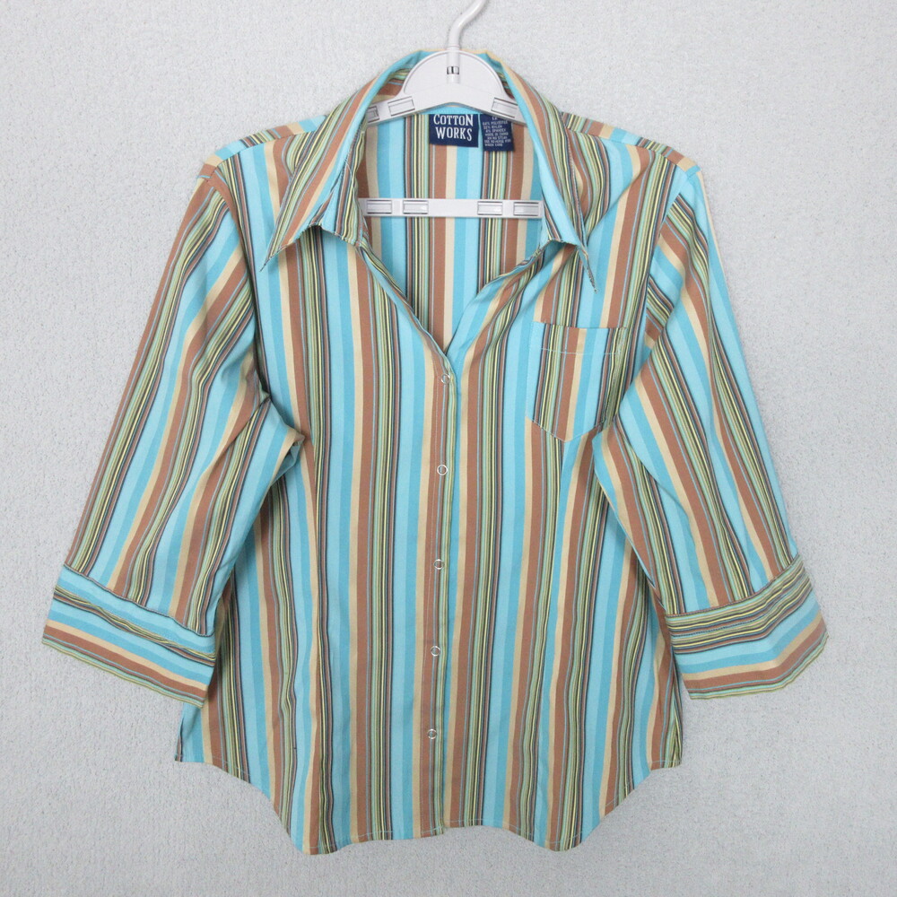 COTTON WORKS Blouse Womens XL‎ Multicolor Striped Button Up 3/4 Sleeve Casual